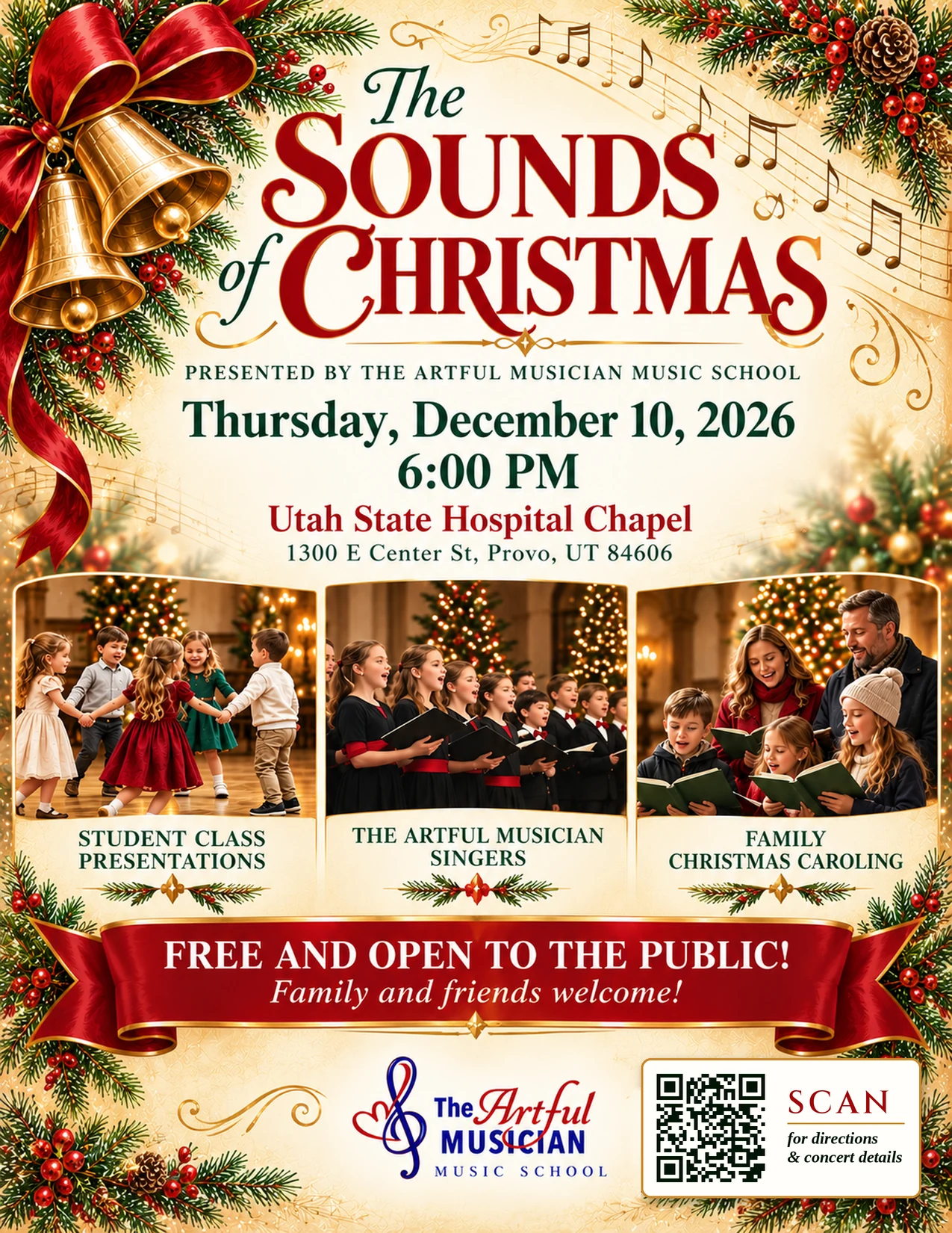Flyer for The Sounds of Christmas: Thursday, December 10, 2026, 6:00 PM, Utah State Hospital Chapel, 1300 E Center St, Provo, UT 84606