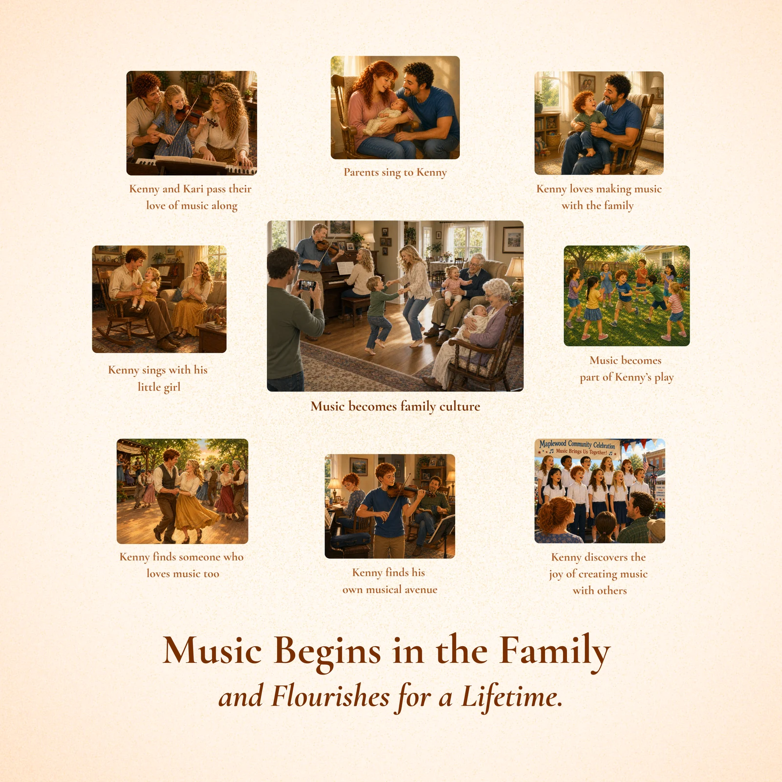 Music Begins in the Family and Flourishes for a Lifetime. Nine scenes surround a central family making music together at home: parents singing to baby Kenny; Kenny loving making music with the family; Kenny and Kari passing their love of music along; Kenny singing with his little girl; music becoming part of Kenny's play; Kenny finding someone who loves music too; Kenny finding his own musical avenue; and Kenny discovering the joy of creating music with others.